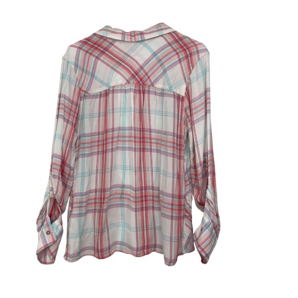 C&C California Women Plaid Button-Up Shirt M Pink & Teal Long Sleeve Twist Front - Picture 9 of 9